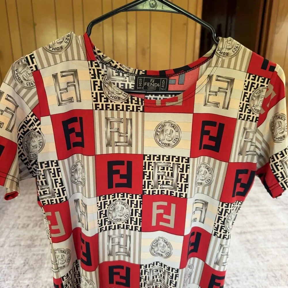 Vintage Fendi Jeans Logo Coin Print Shirt Size M Red Brown Top Women’s Blouse - Picture 2 of 13